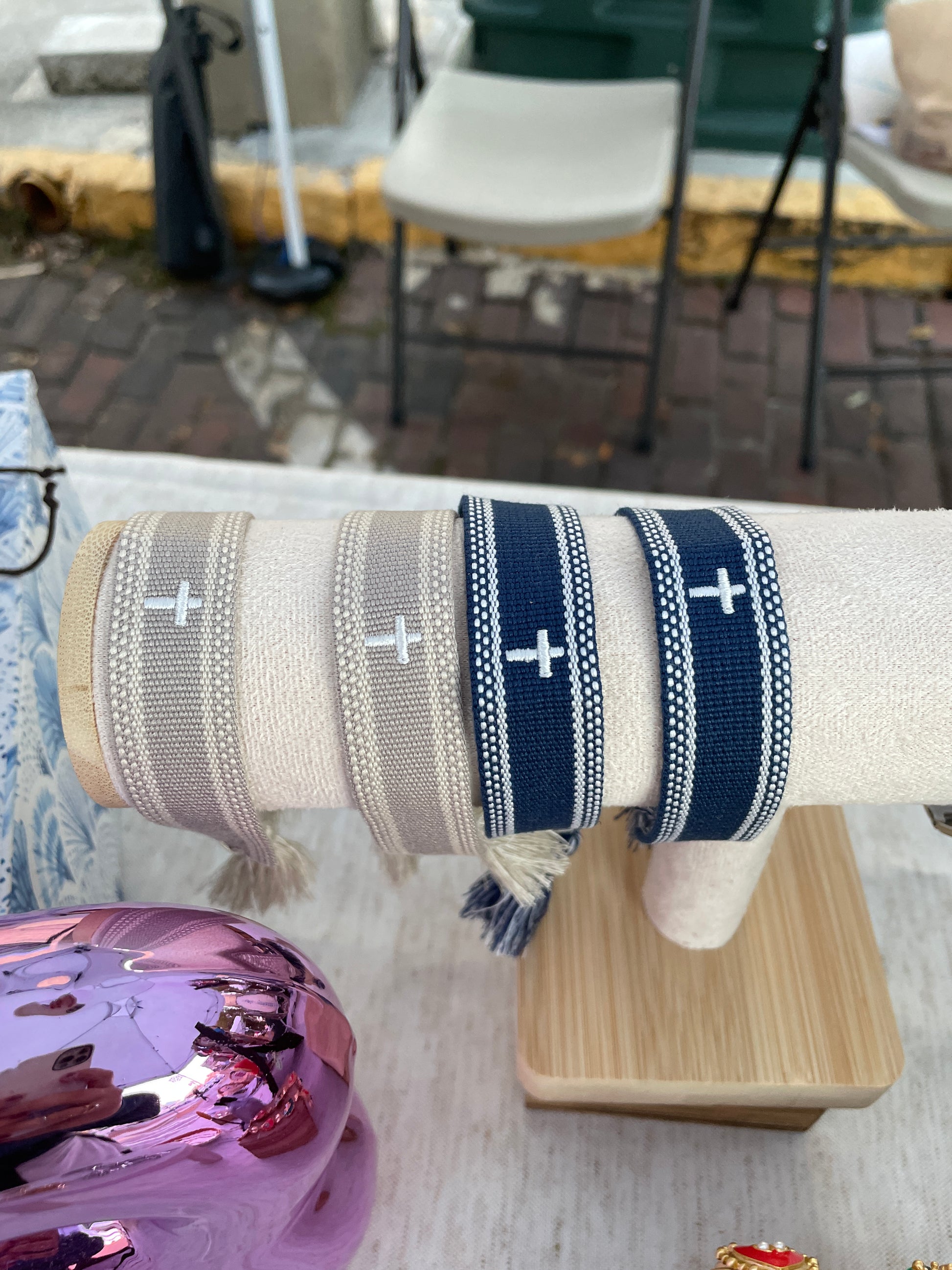 Embroidered Cross Bracelet (blue + tan)