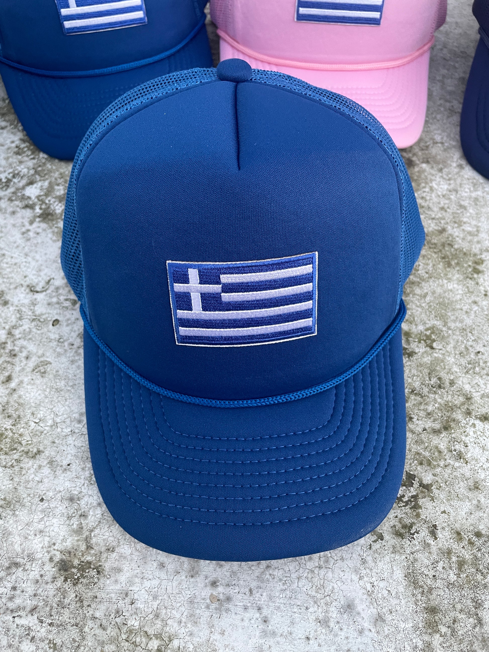 Greek Flag Decky Trucker Hat (Two Adjustable Straps)
