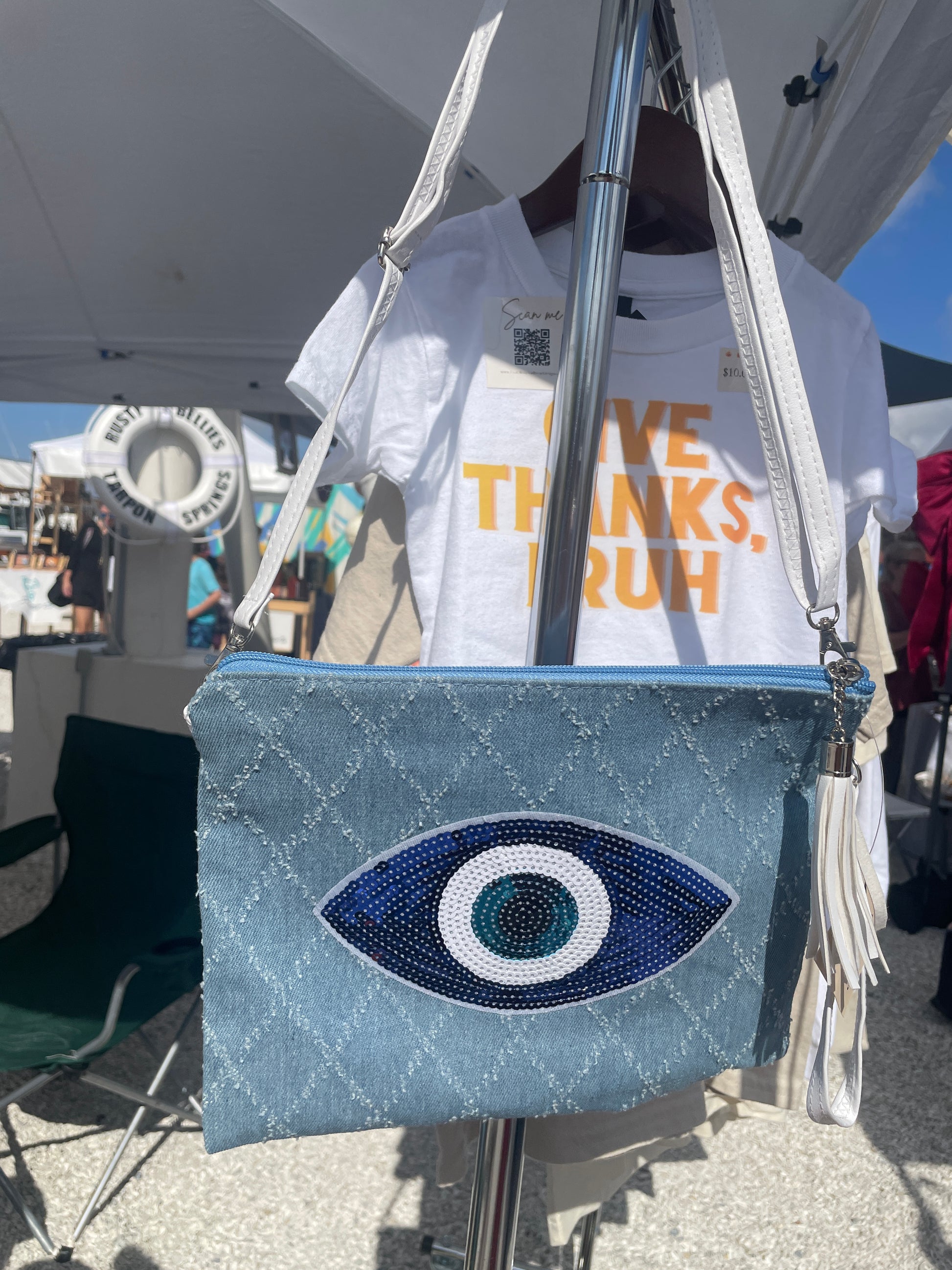 Denim Quilted Evil Eye Patch Crossbody Clutch