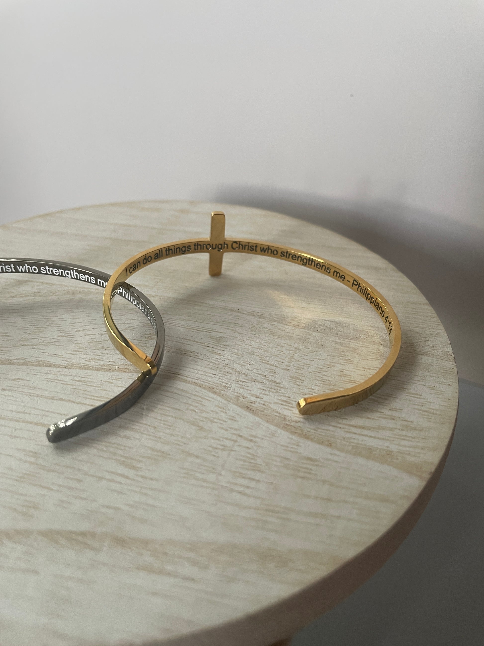 Stainless Steel Cross Cuff Bracelet with Christian Scripture Philippians 4:13