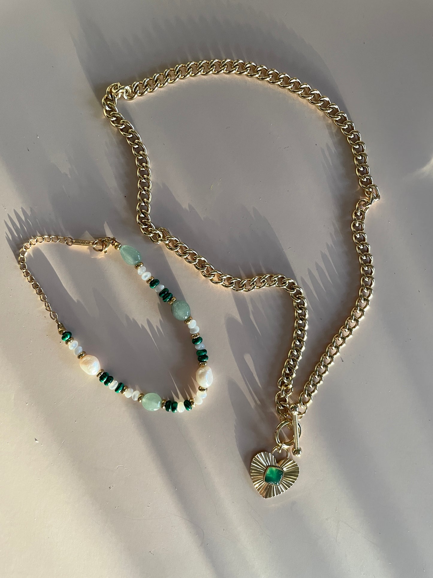 18K Gold Plated Green Heart Matching Set (Necklace + Bracelet)