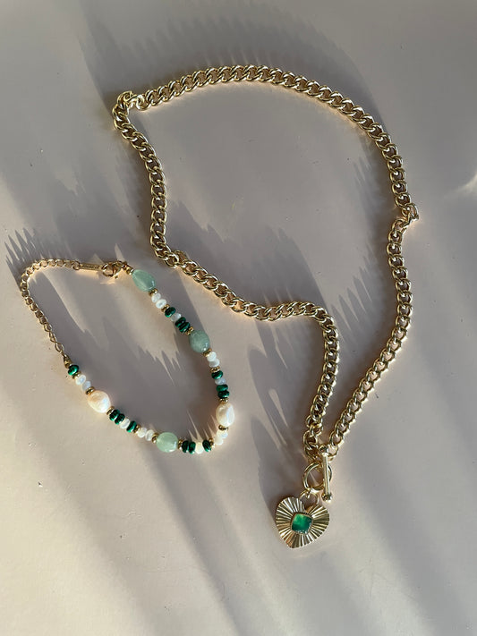 18K Gold Plated Green Heart Matching Set (Necklace + Bracelet)