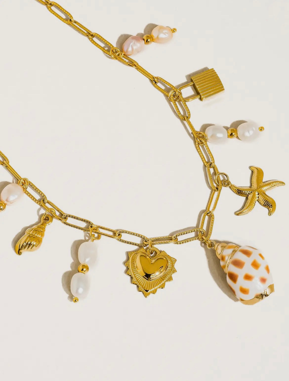 18k Shell and Pearl Non Tarnish Gold Necklace