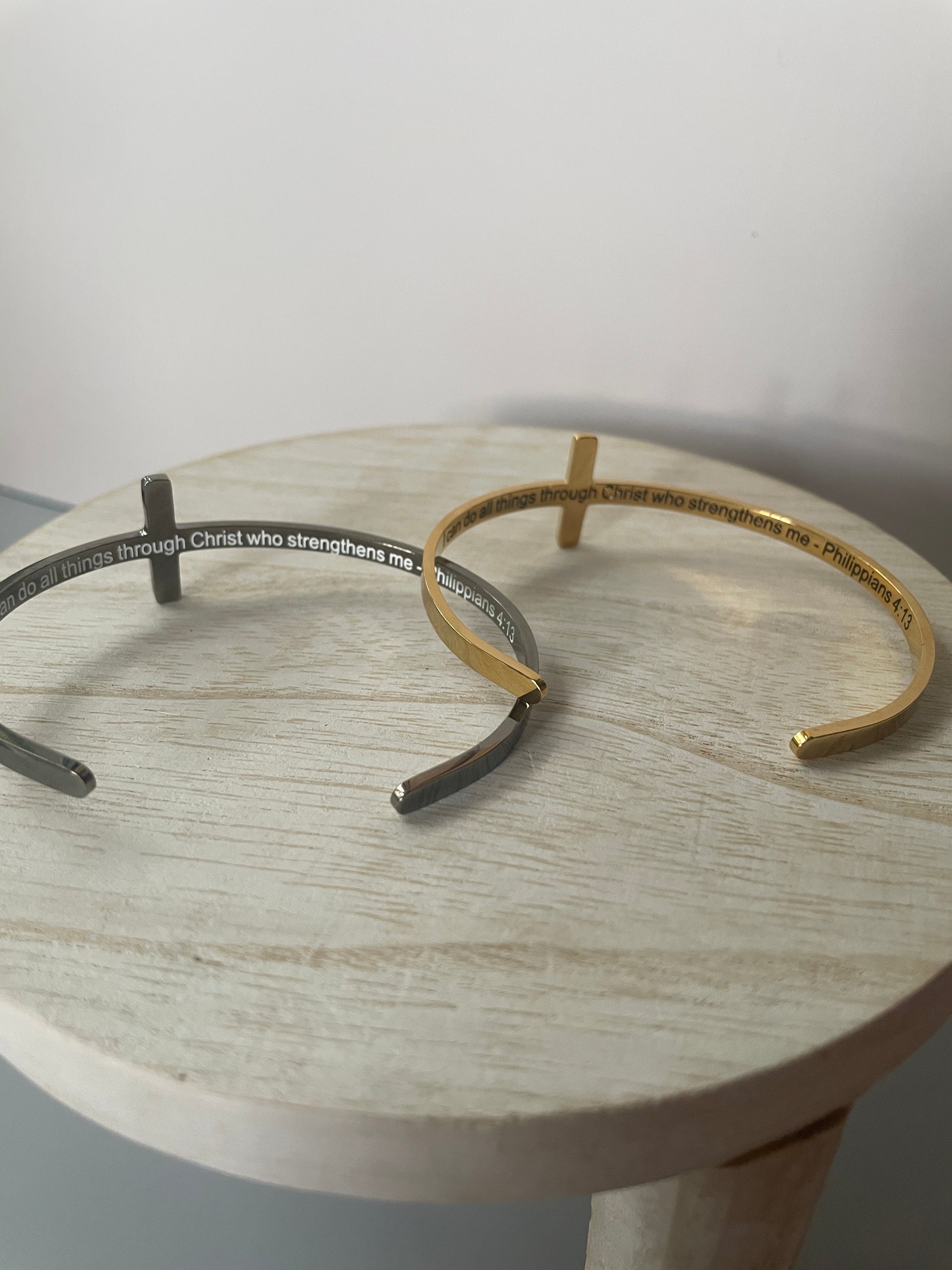 Stainless Steel Cross Cuff Bracelet with Christian Scripture Philippians 4:13