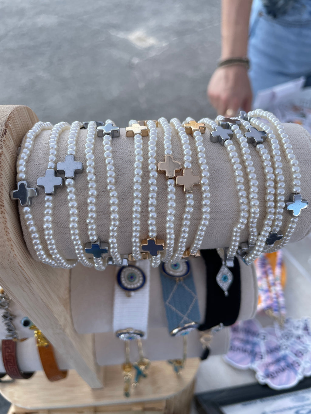 Cross Accent Pearl Beads Stackable Bracelet