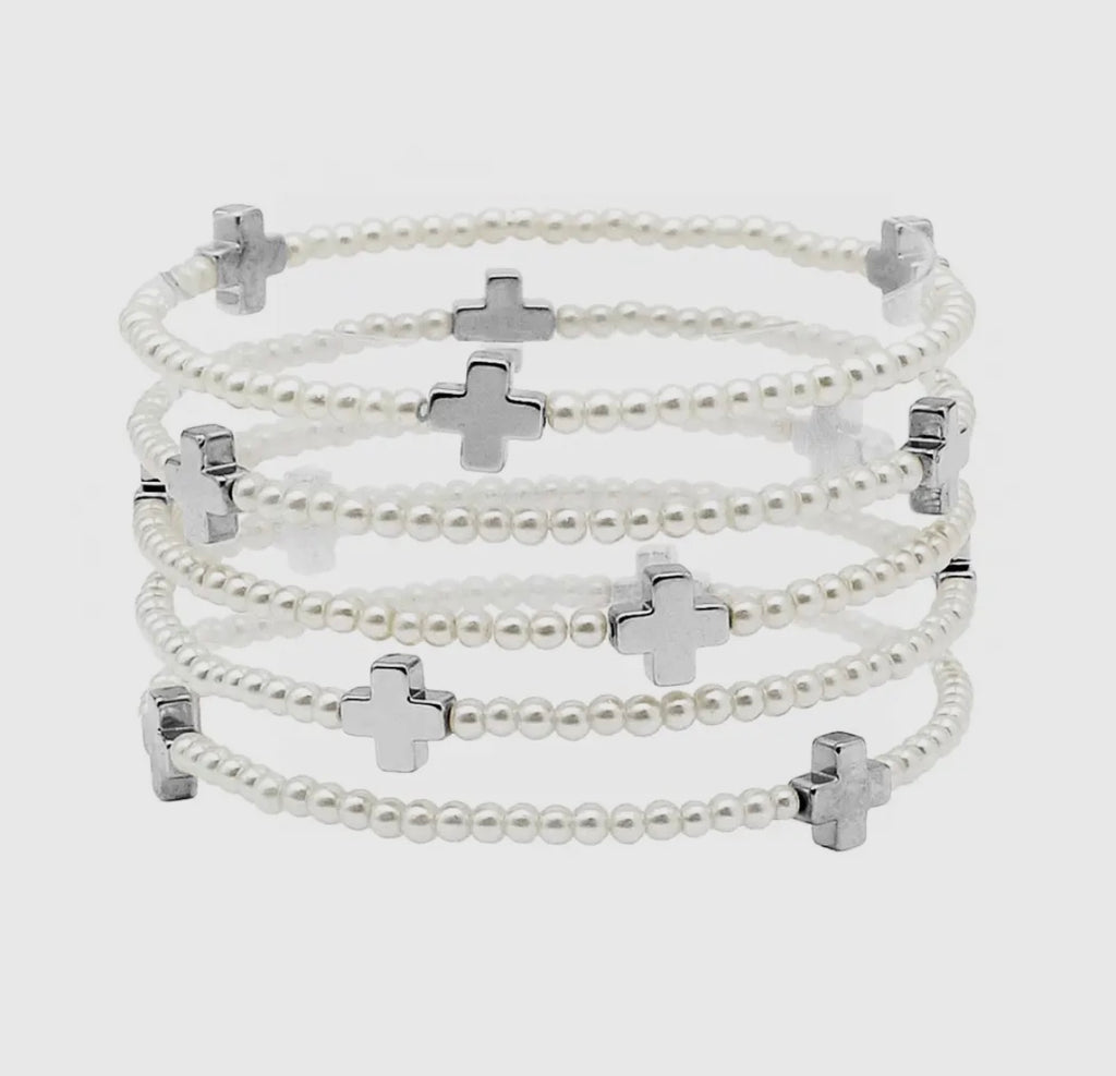 Cross Accent Pearl Beads Stackable Bracelet