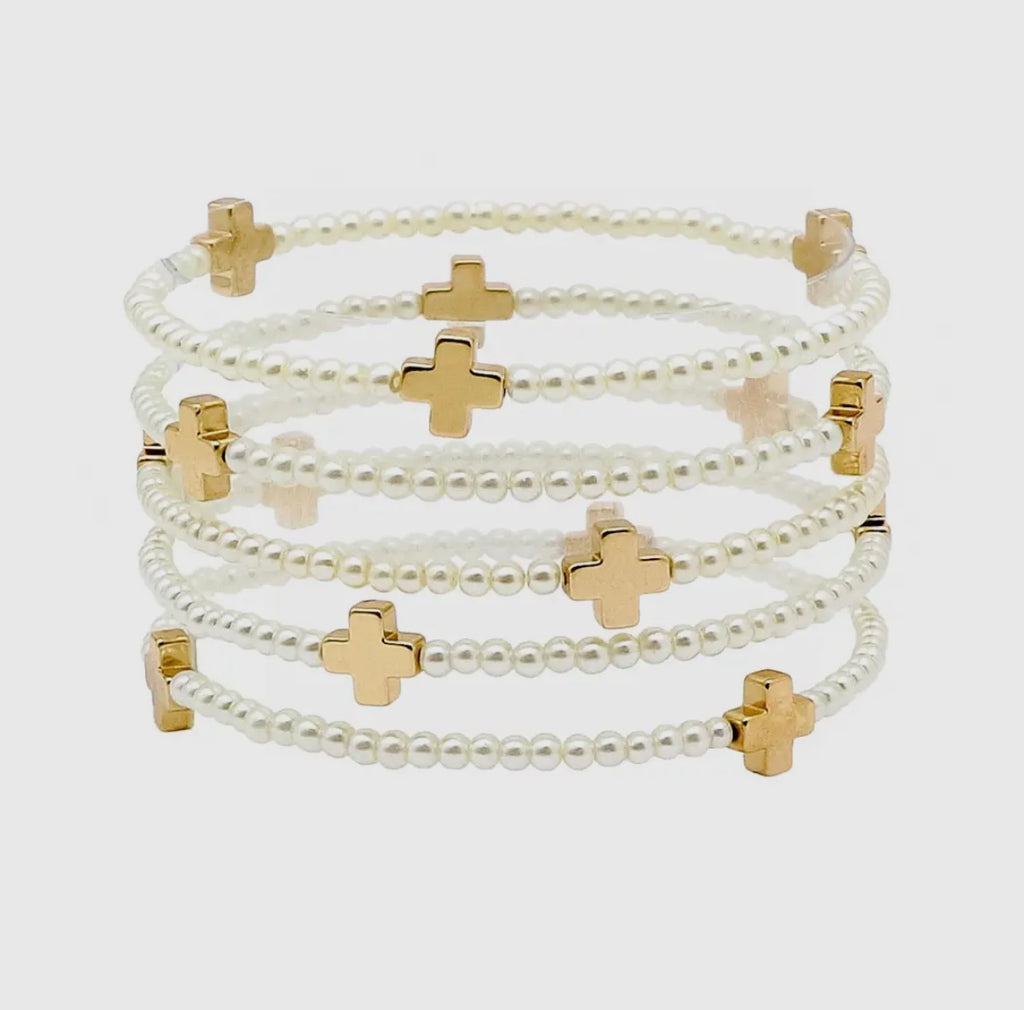 Cross Accent Pearl Beads Stackable Bracelet
