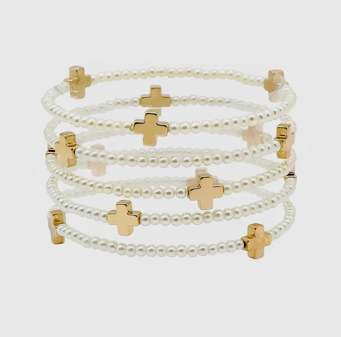 Cross Accent Pearl Beads Stackable Bracelet